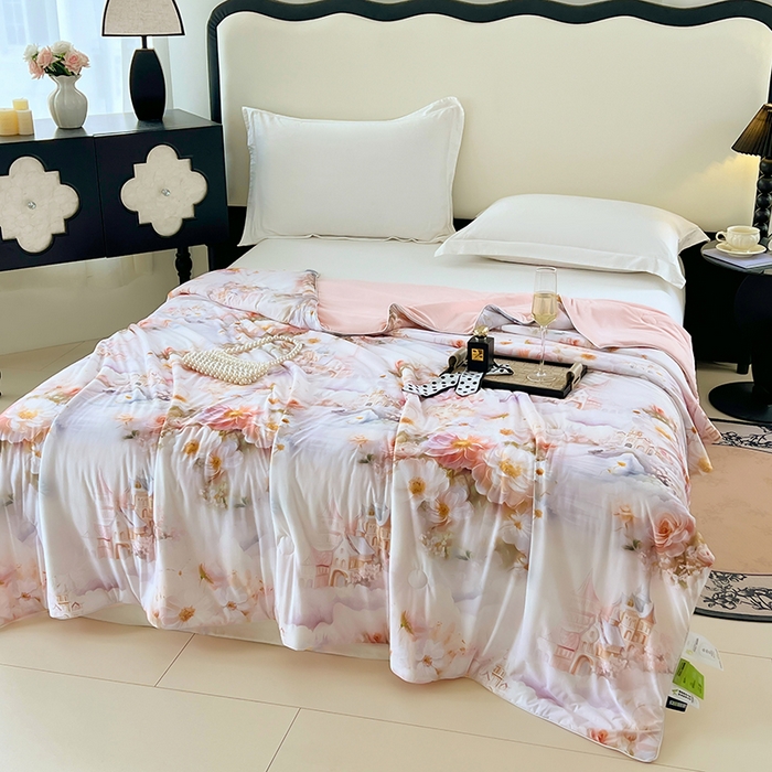 91家纺网 家纺一手货源 找家纺 2025年新款A类数码印花夏凉被 凉感丝锦氨夏被冰淇淋夏被空调被西瓜被双面凉感单夏被 莎莉-粉玉