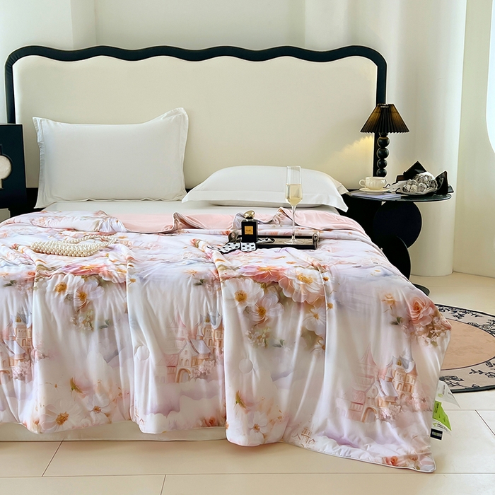 91家纺网 家纺一手货源 找家纺 2025年新款A类数码印花夏凉被 凉感丝锦氨夏被冰淇淋夏被空调被西瓜被双面凉感单夏被 莎莉-粉玉