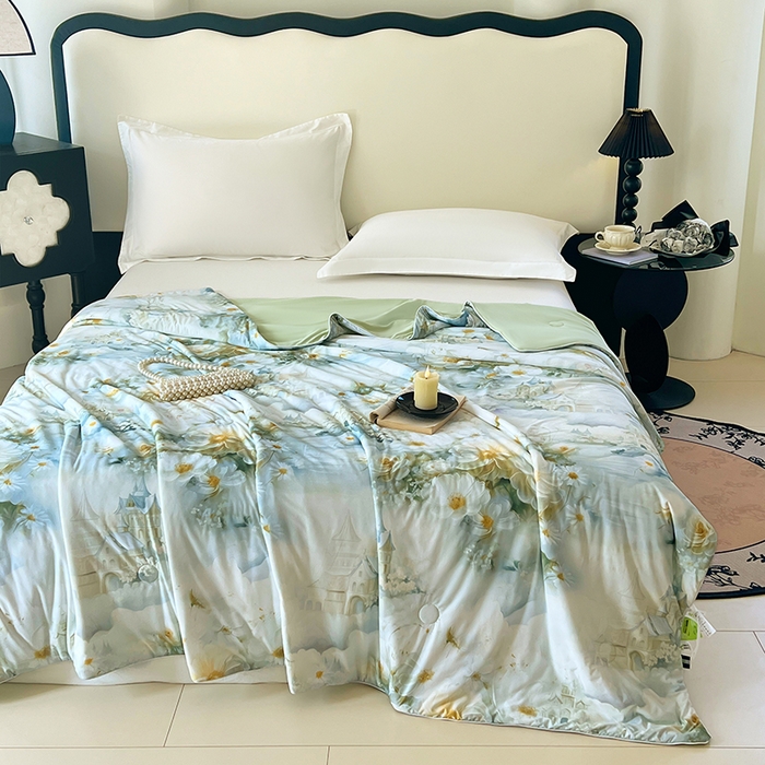 91家纺网 家纺一手货源 找家纺 2025年新款A类数码印花夏凉被 凉感丝锦氨夏被冰淇淋夏被空调被西瓜被双面凉感单夏被 莎莉-绿