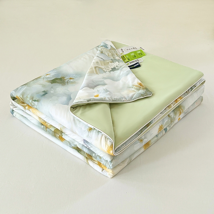 91家纺网 家纺一手货源 找家纺 2025年新款A类数码印花夏凉被 凉感丝锦氨夏被冰淇淋夏被空调被西瓜被双面凉感单夏被 莎莉-绿