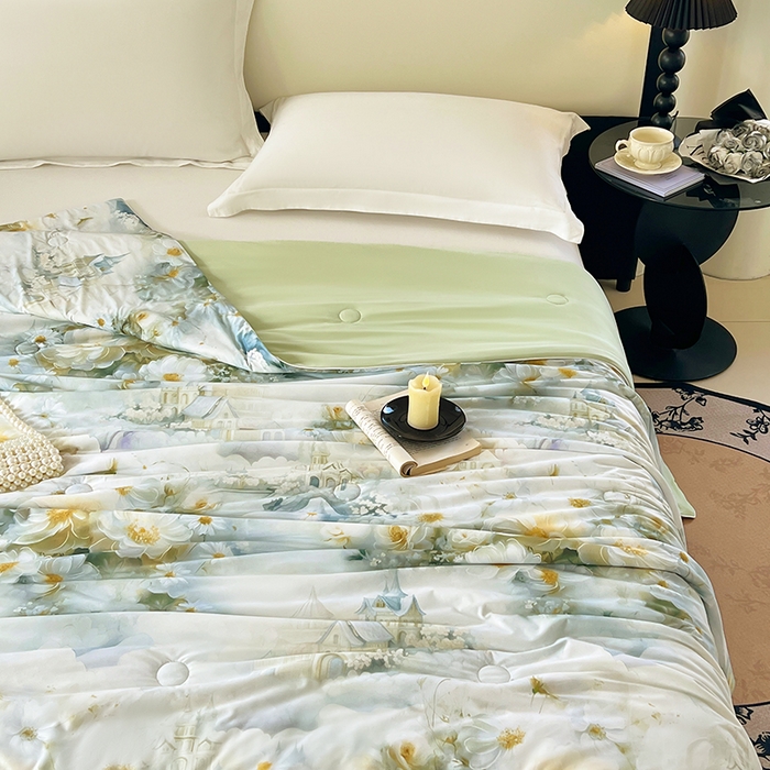 91家纺网 家纺一手货源 找家纺 2025年新款A类数码印花夏凉被 凉感丝锦氨夏被冰淇淋夏被空调被西瓜被双面凉感单夏被 莎莉-绿