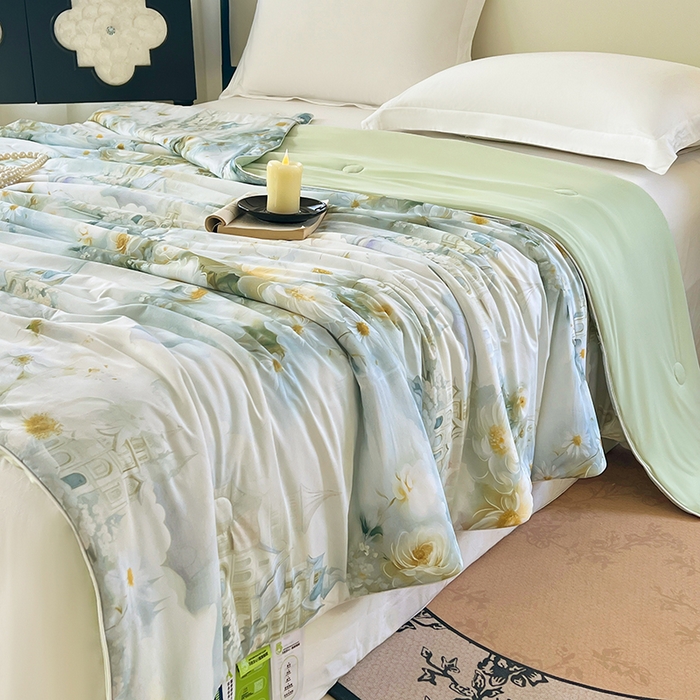 91家纺网 家纺一手货源 找家纺 2025年新款A类数码印花夏凉被 凉感丝锦氨夏被冰淇淋夏被空调被西瓜被双面凉感单夏被 莎莉-绿