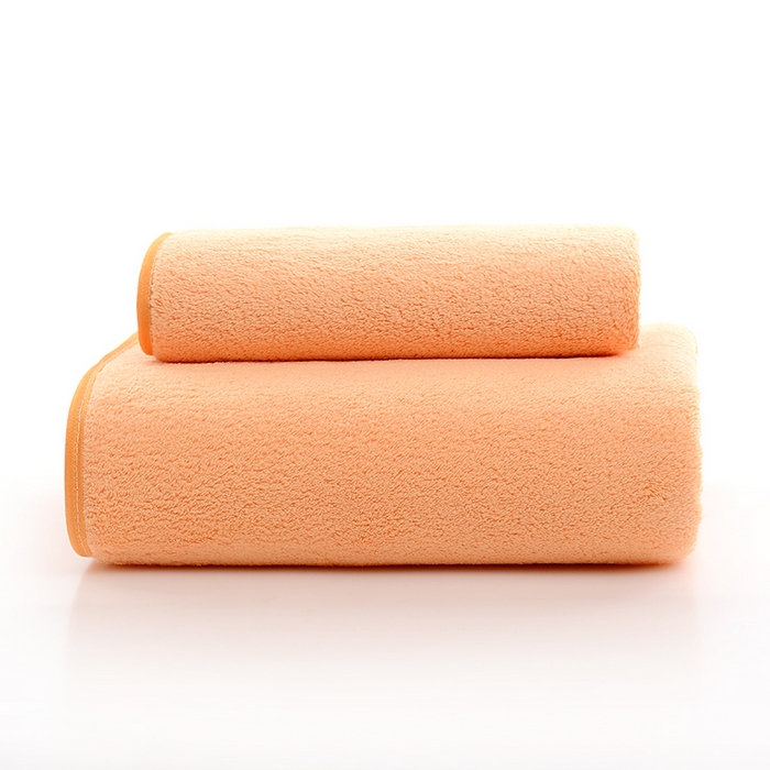 彩虹毛巾 2025新款无印风纯色珊瑚绒方巾毛巾浴巾套装 橘黄1条浴巾+1条毛巾