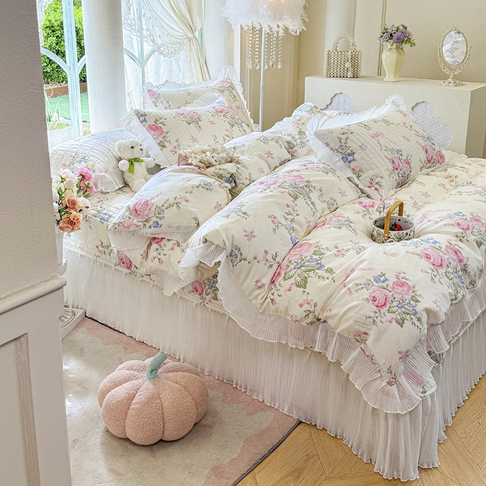 91家纺网 家纺一手货源 找家纺 （总）虹星家纺 2025新款斜纹全棉纯棉印花床盖四件套-清甜