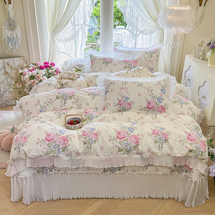 91家纺网 家纺一手货源 找家纺 （总）虹星家纺 2025新款斜纹全棉纯棉印花床盖四件套-清甜