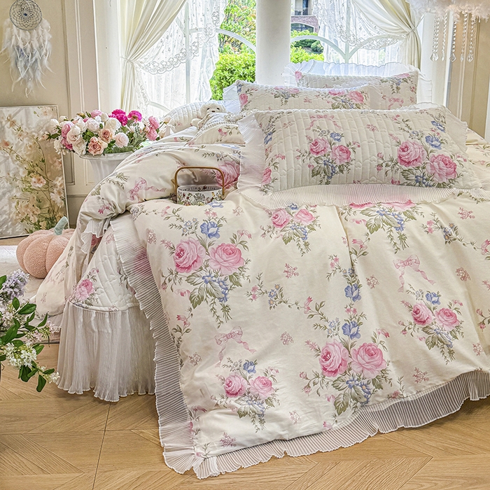 91家纺网 家纺一手货源 找家纺 （总）虹星家纺 2025新款斜纹全棉纯棉印花床盖四件套-清甜