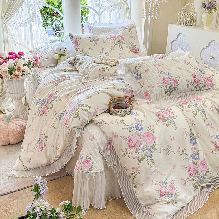 91家纺网 家纺一手货源 找家纺 （总）虹星家纺 2025新款斜纹全棉纯棉印花床盖四件套-清甜