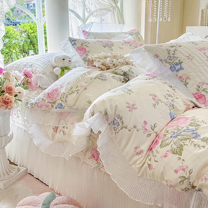 91家纺网 家纺一手货源 找家纺 虹星家纺 2025新款斜纹全棉纯棉印花床盖四件套-清甜 清甜-春景熙熙