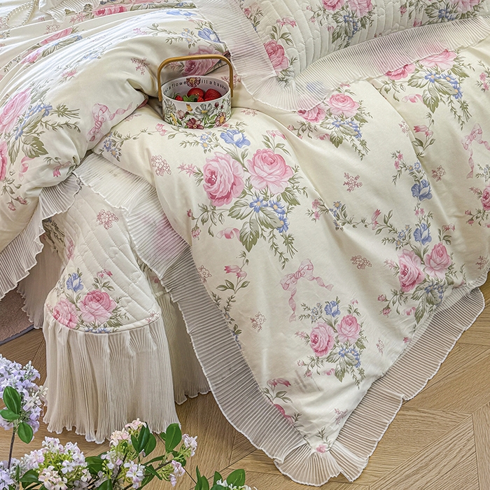 91家纺网 家纺一手货源 找家纺 虹星家纺 2025新款斜纹全棉纯棉印花床盖四件套-清甜 清甜-春景熙熙