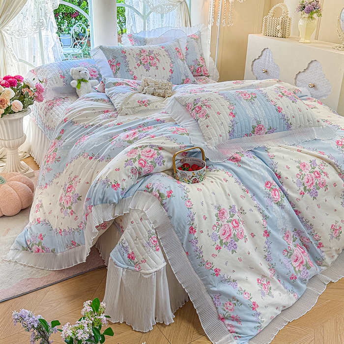 91家纺网 家纺一手货源 找家纺 虹星家纺 2025新款斜纹全棉纯棉印花床盖四件套-清甜 清甜-富贵满园