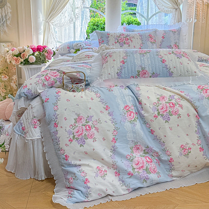 91家纺网 家纺一手货源 找家纺 虹星家纺 2025新款斜纹全棉纯棉印花床盖四件套-清甜 清甜-富贵满园