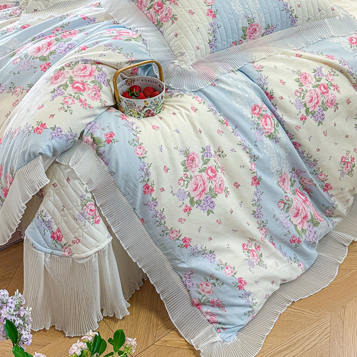 91家纺网 家纺一手货源 找家纺 虹星家纺 2025新款斜纹全棉纯棉印花床盖四件套-清甜 清甜-富贵满园