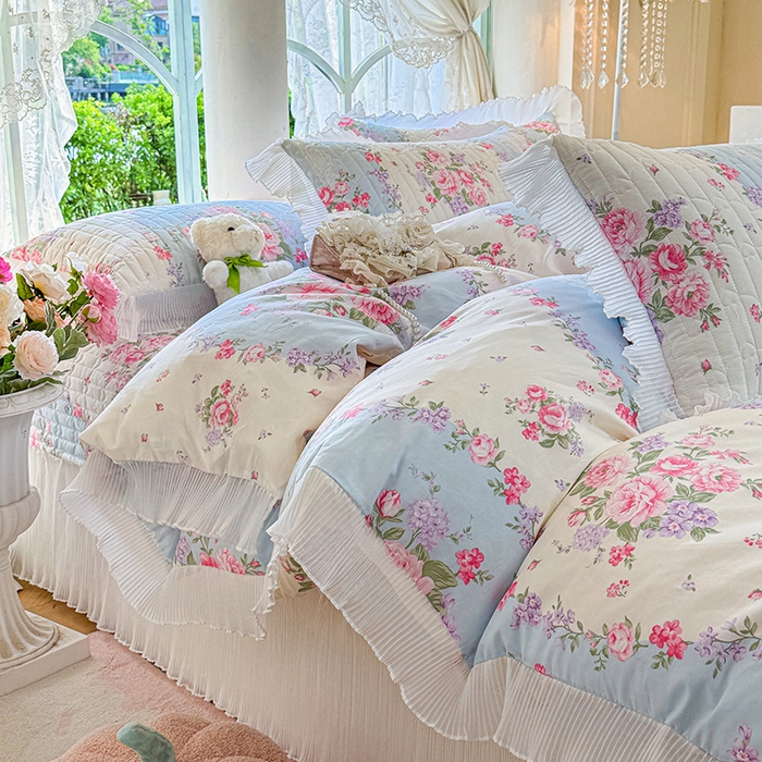 91家纺网 家纺一手货源 找家纺 虹星家纺 2025新款斜纹全棉纯棉印花床盖四件套-清甜 清甜-富贵满园