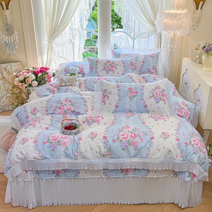 91家纺网 家纺一手货源 找家纺 虹星家纺 2025新款斜纹全棉纯棉印花床盖四件套-清甜 清甜-富贵满园