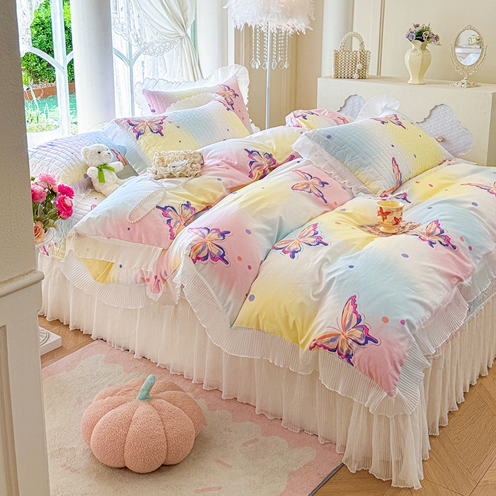 91家纺网 家纺一手货源 找家纺 虹星家纺 2025新款斜纹全棉纯棉印花床盖四件套-清甜 清甜-蝴蝶纷飞