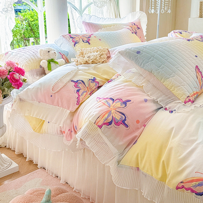 91家纺网 家纺一手货源 找家纺 虹星家纺 2025新款斜纹全棉纯棉印花床盖四件套-清甜 清甜-蝴蝶纷飞