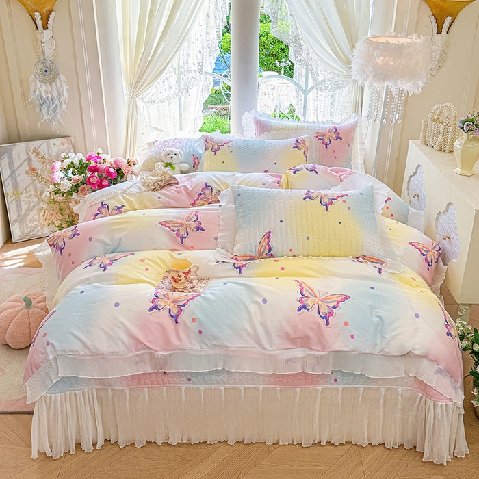 91家纺网 家纺一手货源 找家纺 虹星家纺 2025新款斜纹全棉纯棉印花床盖四件套-清甜 清甜-蝴蝶纷飞