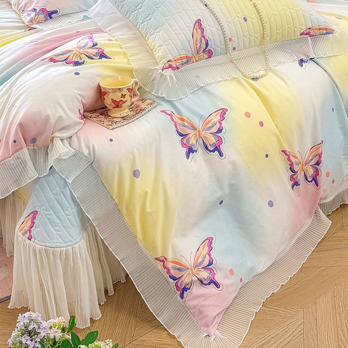 91家纺网 家纺一手货源 找家纺 虹星家纺 2025新款斜纹全棉纯棉印花床盖四件套-清甜 清甜-蝴蝶纷飞