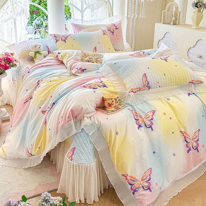 91家纺网 家纺一手货源 找家纺 虹星家纺 2025新款斜纹全棉纯棉印花床盖四件套-清甜 清甜-蝴蝶纷飞