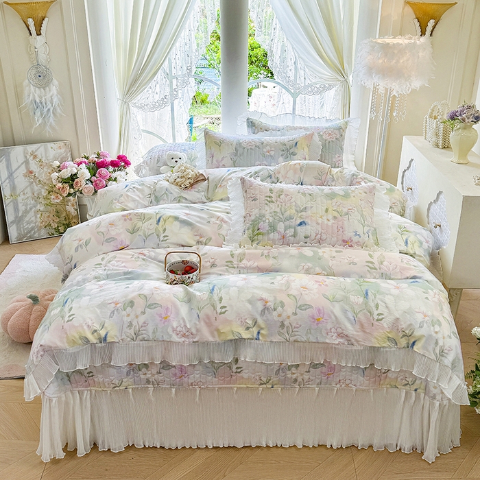 91家纺网 家纺一手货源 找家纺 虹星家纺 2025新款斜纹全棉纯棉印花床盖四件套-清甜 清甜-满芯花熙