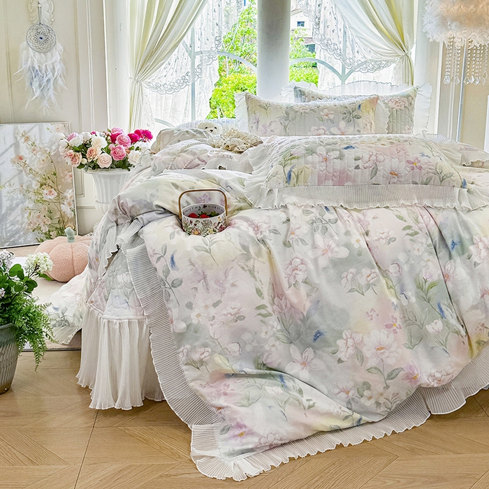 91家纺网 家纺一手货源 找家纺 虹星家纺 2025新款斜纹全棉纯棉印花床盖四件套-清甜 清甜-满芯花熙