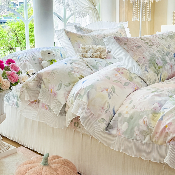 91家纺网 家纺一手货源 找家纺 虹星家纺 2025新款斜纹全棉纯棉印花床盖四件套-清甜 清甜-满芯花熙