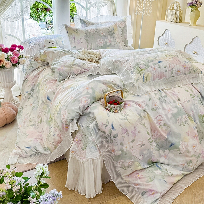 91家纺网 家纺一手货源 找家纺 虹星家纺 2025新款斜纹全棉纯棉印花床盖四件套-清甜 清甜-满芯花熙