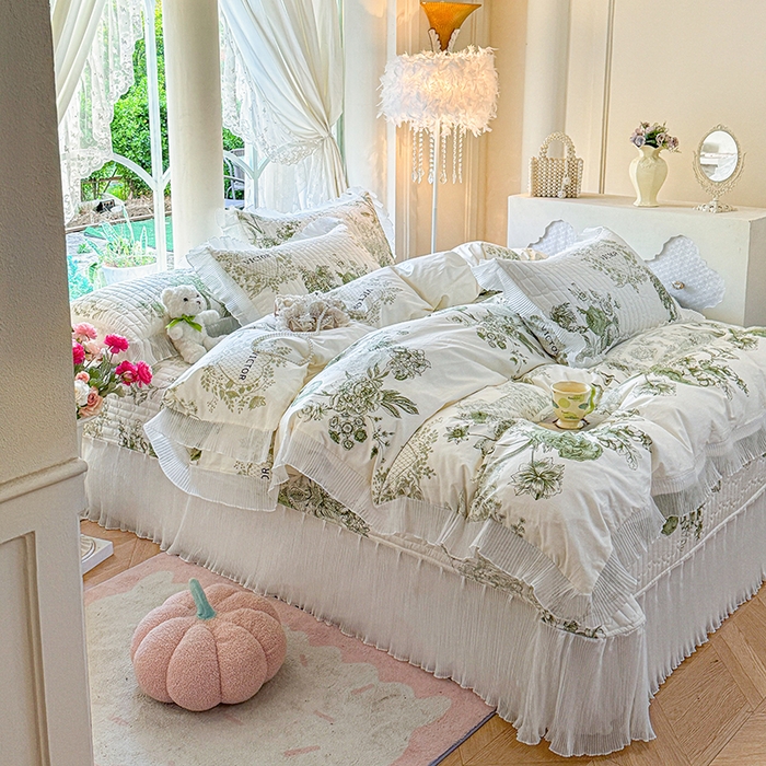 91家纺网 家纺一手货源 找家纺 虹星家纺 2025新款斜纹全棉纯棉印花床盖四件套-清甜 清甜-时光笔墨