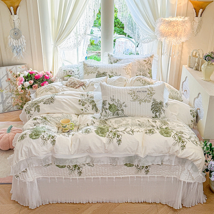 91家纺网 家纺一手货源 找家纺 虹星家纺 2025新款斜纹全棉纯棉印花床盖四件套-清甜 清甜-时光笔墨