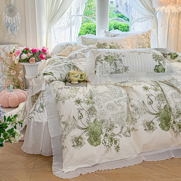 91家纺网 家纺一手货源 找家纺 虹星家纺 2025新款斜纹全棉纯棉印花床盖四件套-清甜 清甜-时光笔墨