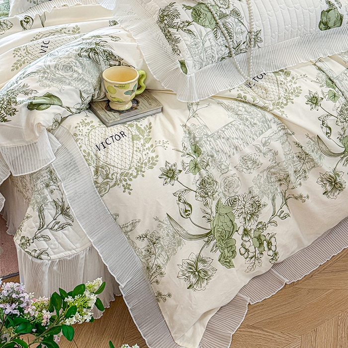 91家纺网 家纺一手货源 找家纺 虹星家纺 2025新款斜纹全棉纯棉印花床盖四件套-清甜 清甜-时光笔墨