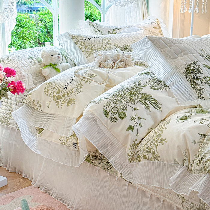 91家纺网 家纺一手货源 找家纺 虹星家纺 2025新款斜纹全棉纯棉印花床盖四件套-清甜 清甜-时光笔墨