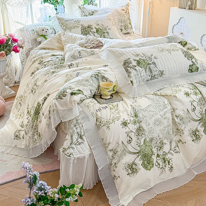 91家纺网 家纺一手货源 找家纺 虹星家纺 2025新款斜纹全棉纯棉印花床盖四件套-清甜 清甜-时光笔墨