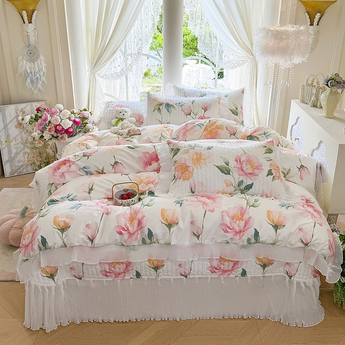 91家纺网 家纺一手货源 找家纺 虹星家纺 2025新款斜纹全棉纯棉印花床盖四件套-清甜 清甜-夏恋