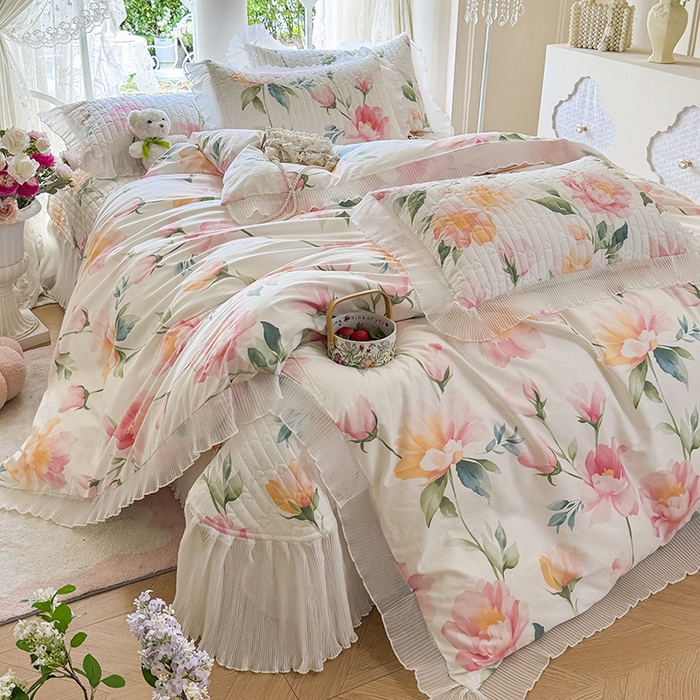 91家纺网 家纺一手货源 找家纺 虹星家纺 2025新款斜纹全棉纯棉印花床盖四件套-清甜 清甜-夏恋