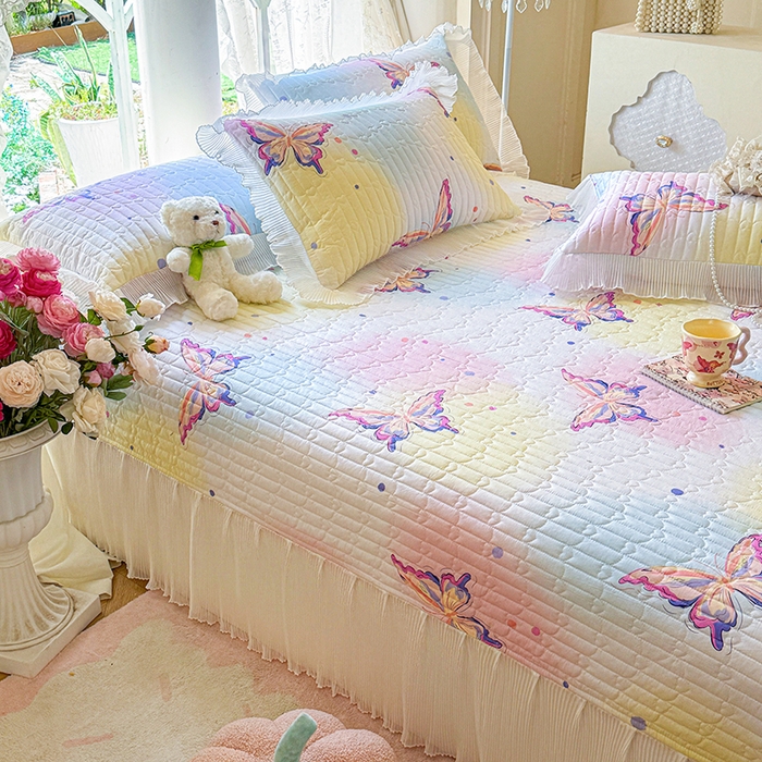 91家纺网 家纺一手货源 找家纺 虹星家纺 2025新款斜纹全棉纯棉印花床盖-清甜 清甜-蝴蝶纷飞