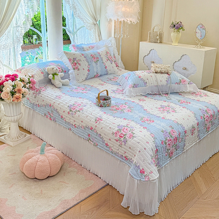 91家纺网 家纺一手货源 找家纺 虹星家纺 2025新款斜纹全棉纯棉印花床盖-清甜 清甜-富贵满园