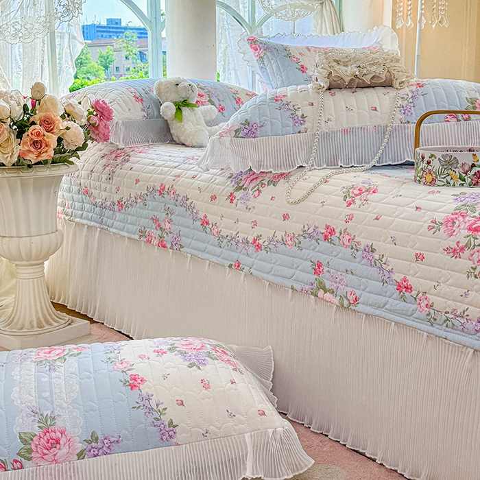 91家纺网 家纺一手货源 找家纺 虹星家纺 2025新款斜纹全棉纯棉印花床盖-清甜 清甜-富贵满园