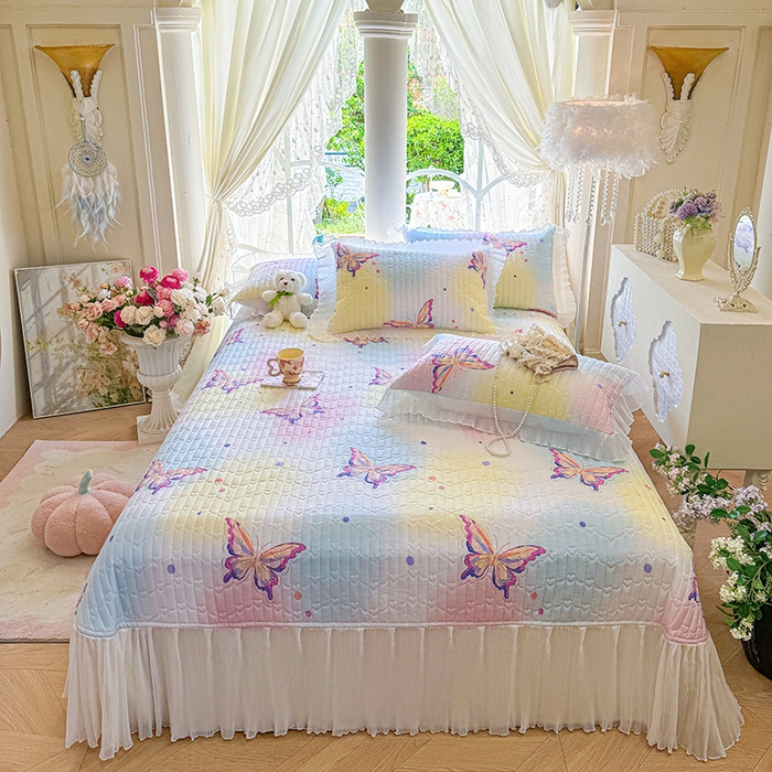 91家纺网 家纺一手货源 找家纺 虹星家纺 2025新款斜纹全棉纯棉印花床盖-清甜 清甜-蝴蝶纷飞