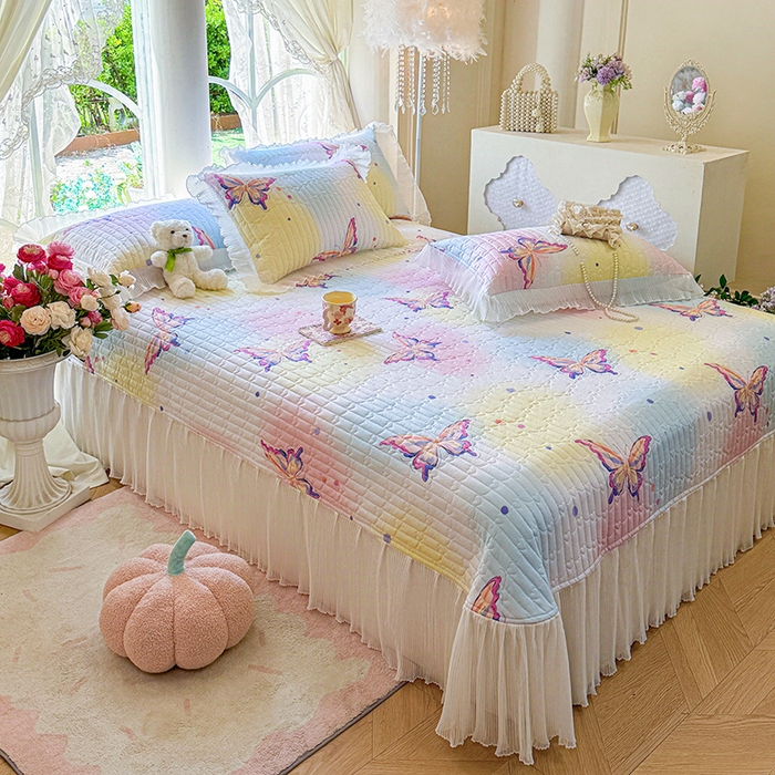 91家纺网 家纺一手货源 找家纺 虹星家纺 2025新款斜纹全棉纯棉印花床盖-清甜 清甜-蝴蝶纷飞