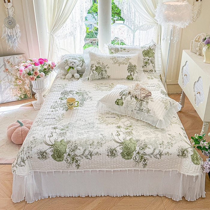 91家纺网 家纺一手货源 找家纺 虹星家纺 2025新款斜纹全棉纯棉印花床盖-清甜 清甜-时光笔墨