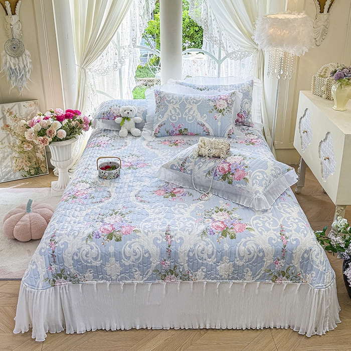 91家纺网 家纺一手货源 找家纺 虹星家纺 2025新款斜纹全棉纯棉印花床盖-清甜 清甜-绽放序曲