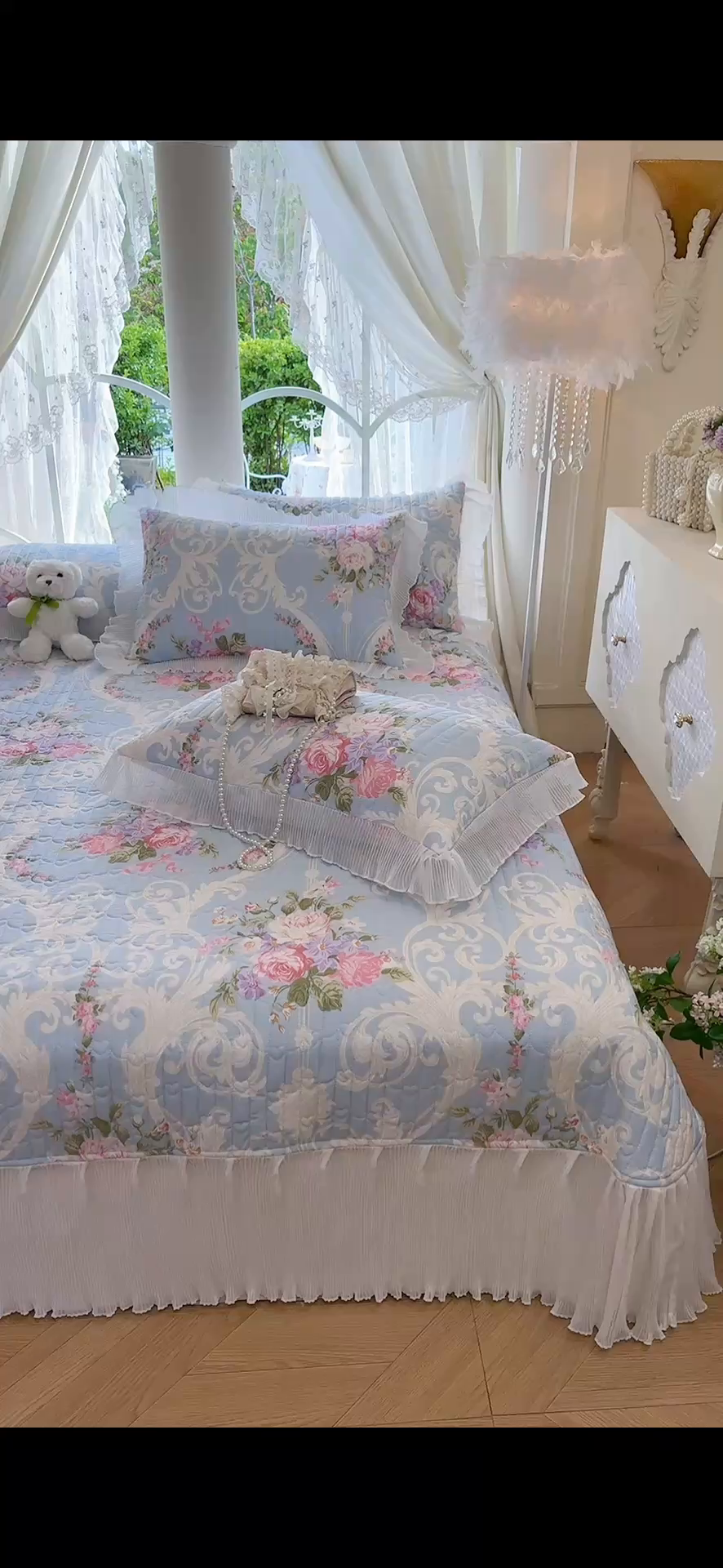 91家纺网 家纺一手货源 找家纺 虹星家纺 2025新款斜纹全棉纯棉印花床盖-清甜 清甜-绽放序曲