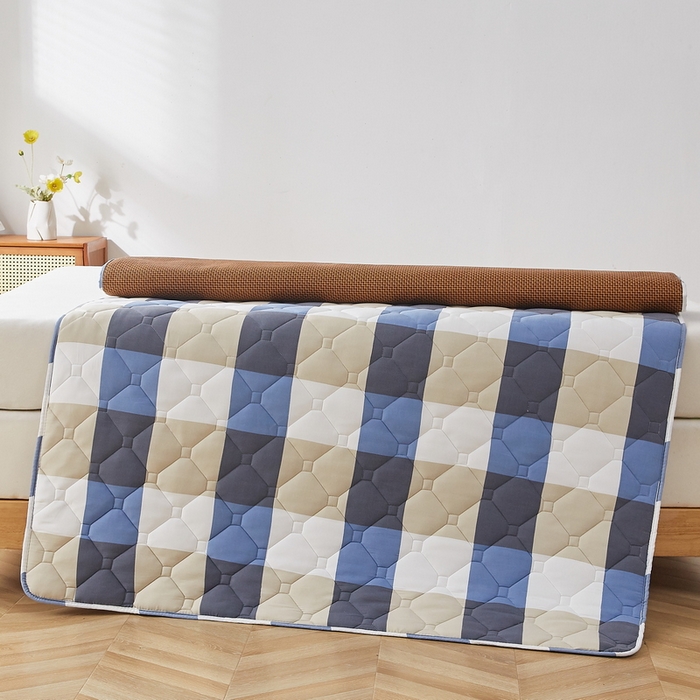 91家纺网 家纺一手货源 找家纺 祁恋婷家居 2025新款A类水洗棉藤席两用床褥 蓝大格-藤席床褥