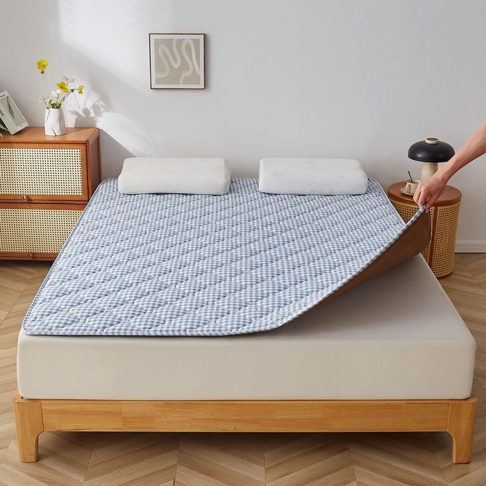 91家纺网 家纺一手货源 找家纺 祁恋婷家居 2025新款A类水洗棉藤席两用床褥 蓝小格-藤席床褥