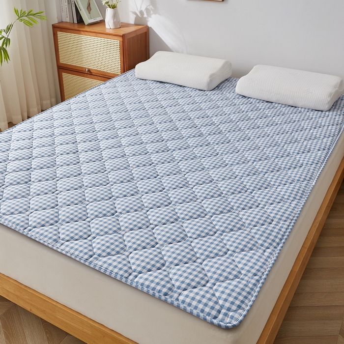 91家纺网 家纺一手货源 找家纺 祁恋婷家居 2025新款A类水洗棉藤席两用床褥 蓝小格-藤席床褥