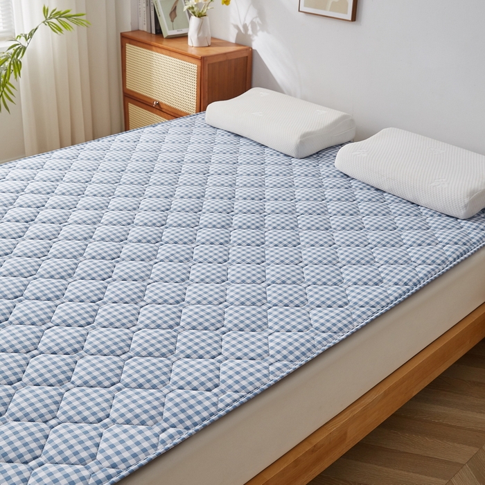 91家纺网 家纺一手货源 找家纺 祁恋婷家居 2025新款A类水洗棉藤席两用床褥 蓝小格-藤席床褥