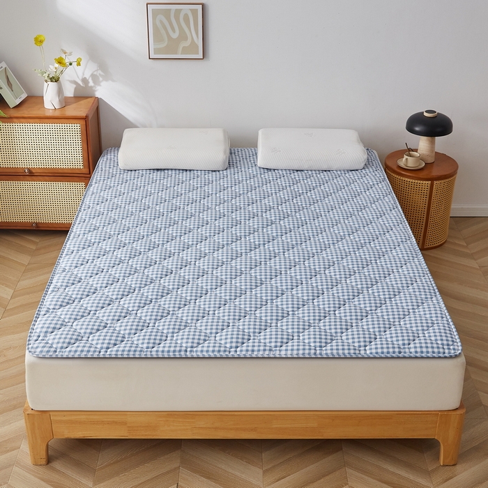 91家纺网 家纺一手货源 找家纺 祁恋婷家居 2025新款A类水洗棉藤席两用床褥 蓝小格-藤席床褥