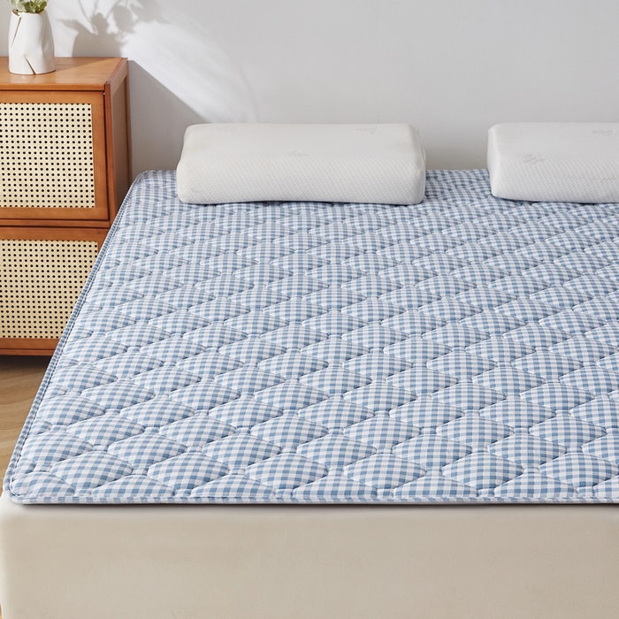91家纺网 家纺一手货源 找家纺 祁恋婷家居 2025新款A类水洗棉藤席两用床褥 蓝小格-藤席床褥