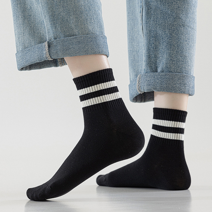 【女双杠中筒袜】 2025春夏新款日式无印女双线运动中筒袜良品纯色双杠女生袜子运动休闲透气袜
